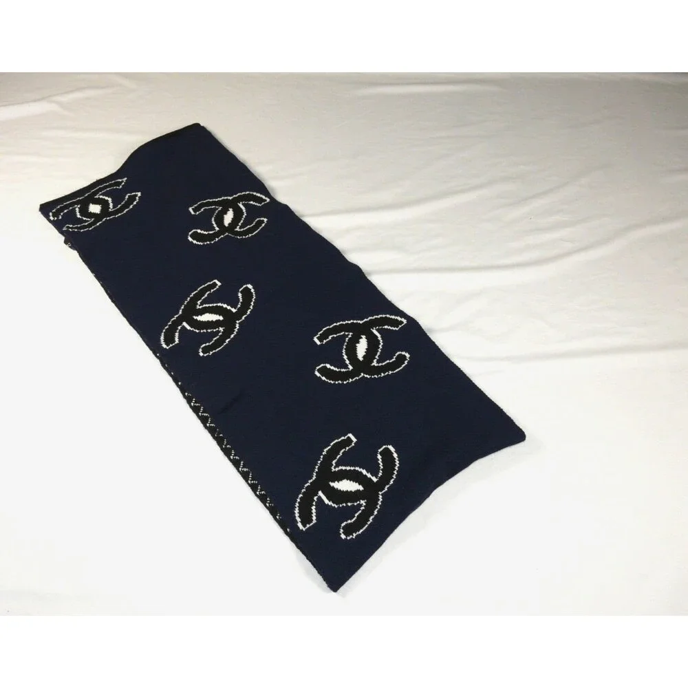 Chanel Cashmere & Silk Logo Allover Scarf Shawl Stole Blue Black White 60